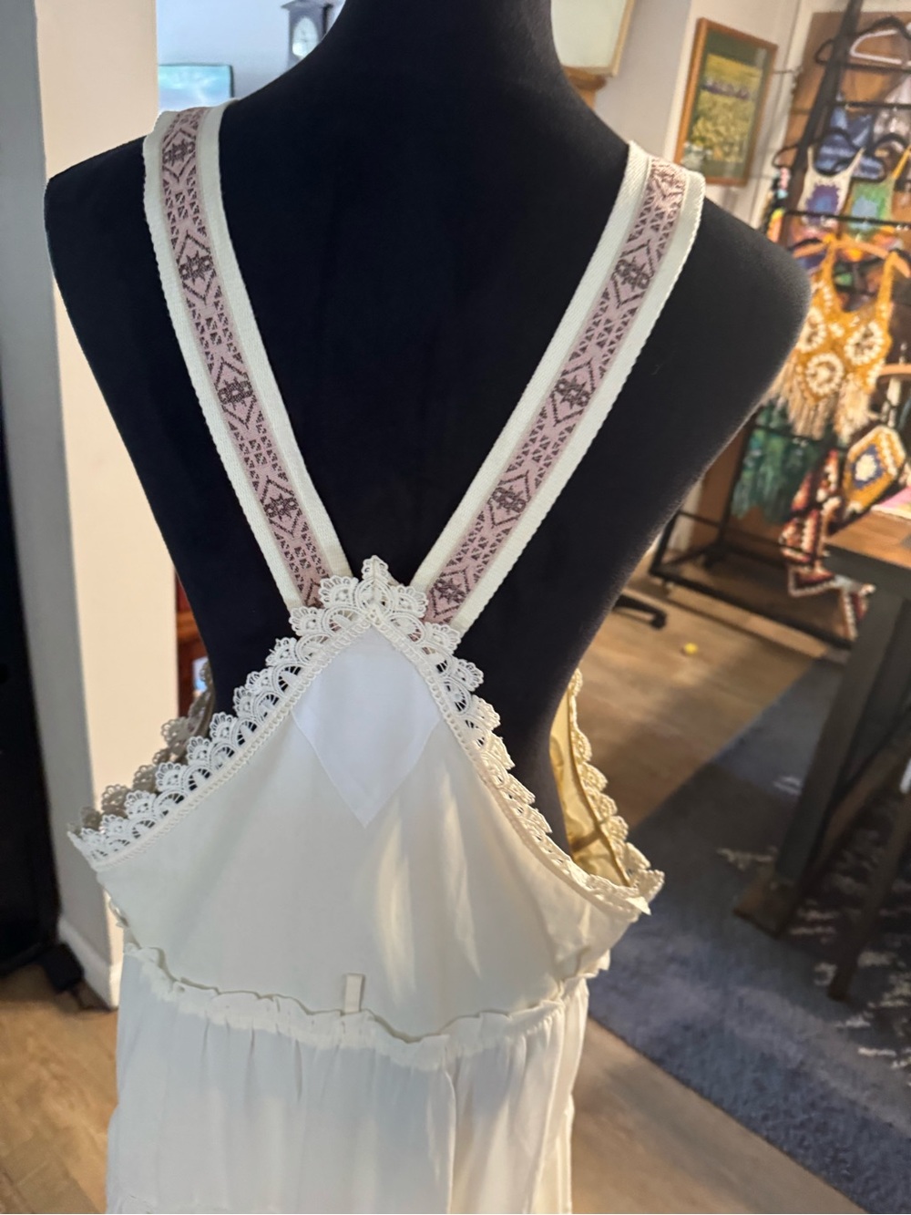 Boho Lace-Trim Cream Maxi Pinafore Dress - Picture 5 of 6
